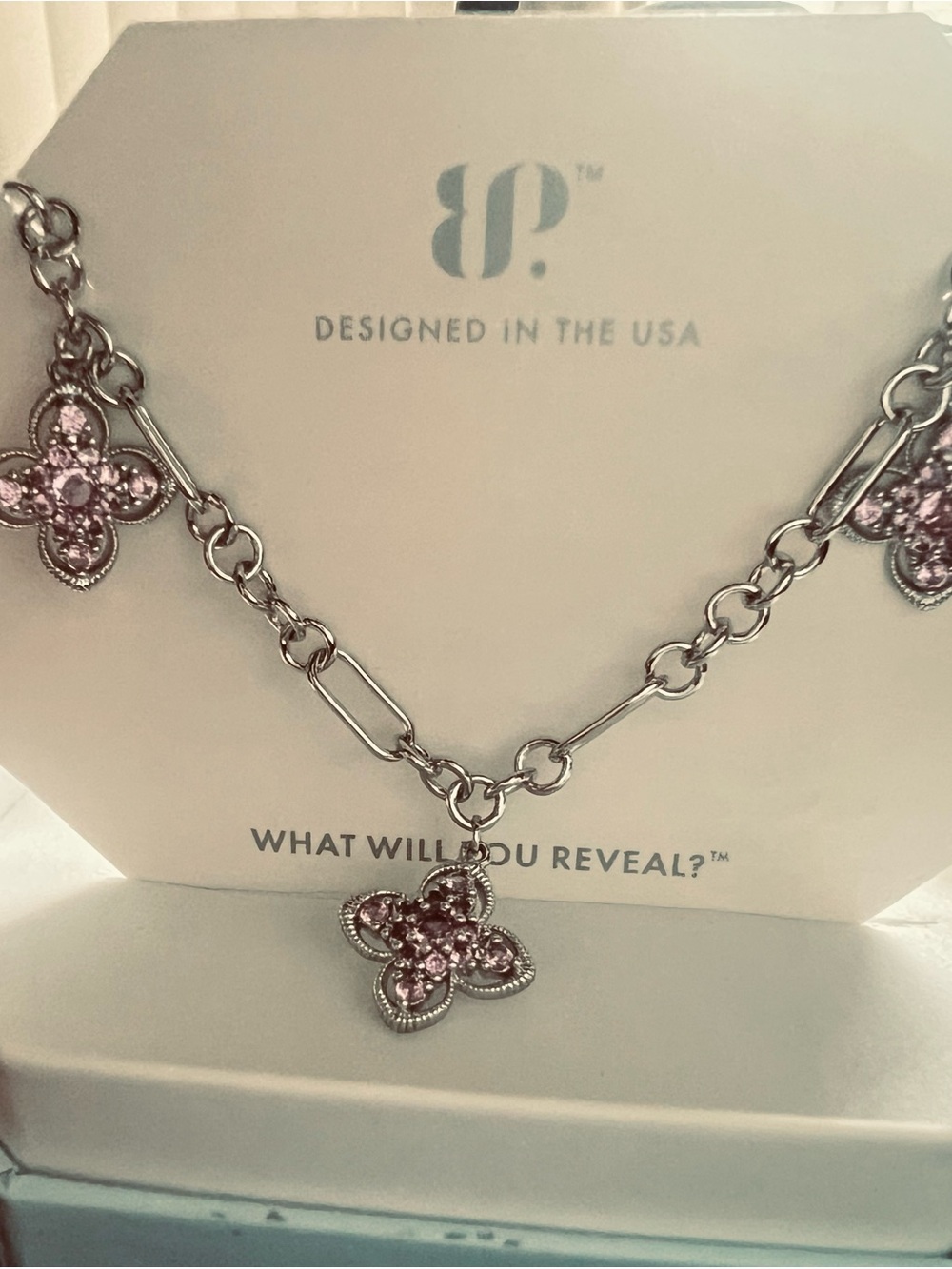 Silver-Tone Necklace with Pink Crystal Four-Leaf Charms
